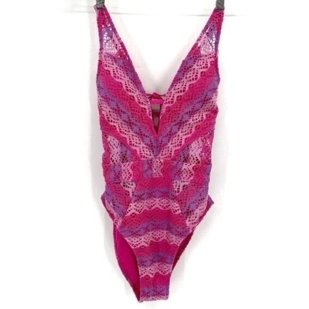BECCA Show And Tell Pink Striped Lace Plunge One Piece Medium Bathing Suit NWT